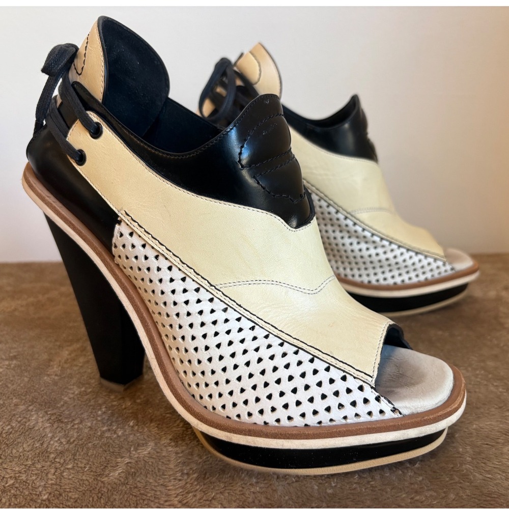 Rag & Bone Retro Peep Toe High Heel 38 Made Italy Cream Black Perforated Leather